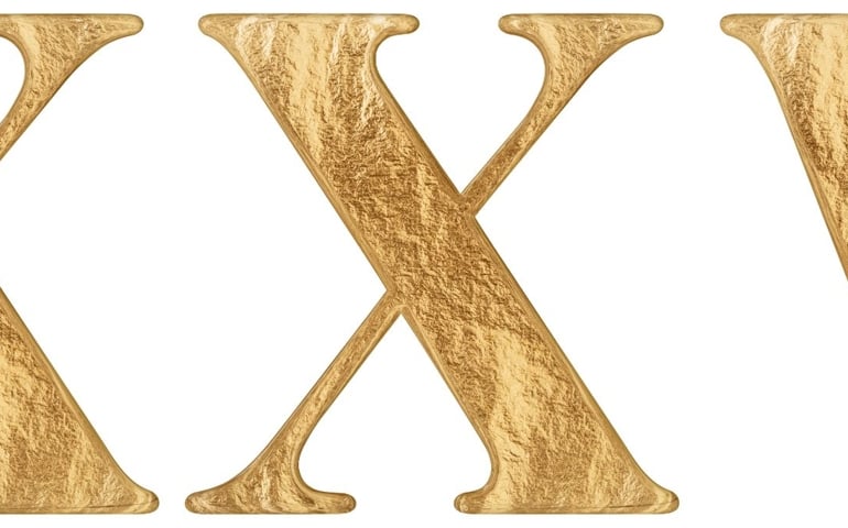 Gold Roman numeral XXV on a white background