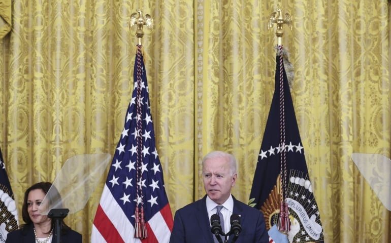 U.S. President Joe Biden speaks before signing the Juneteenth National Independence Day Act during a ceremony in the East Room of the White House in Washington, D.C., U.S., on Thursday, June 17, 2021. Biden signed the legislation that will make June 19 a federal holiday commemorating the end of slavery in the United States after the House and Senate passed the bill in votes earlier this week.