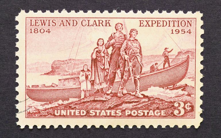 CIRCA 1954: a postage stamp printed in USA showing an image of Lewis & Clark expedition