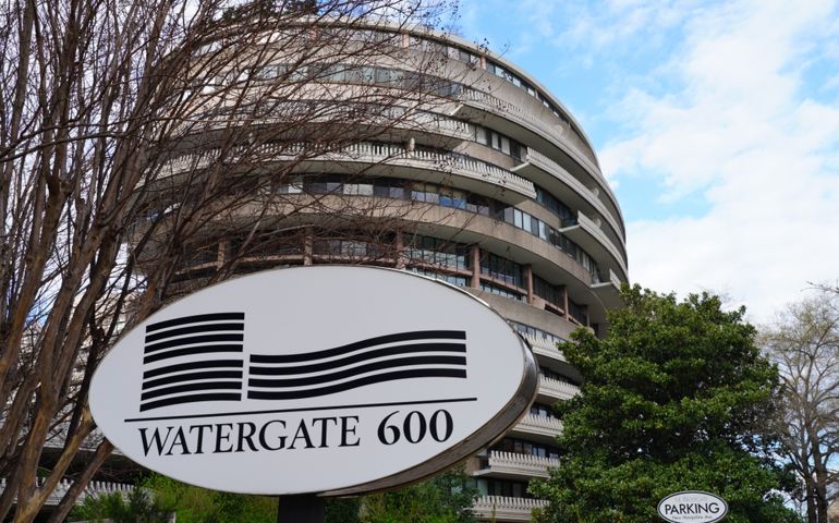 WASHINGTON, DC -25 MAR 2022- View of the Watergate building complex in Washington DC, famous for the Nixon scandal.