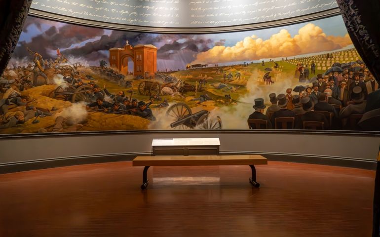 Springfield, Illinois -May 1, 2023: Abraham Lincoln Presidential Library and Museum. Painting of Gettysburg, Pennsylvania. Civil War battle, cemetery, and Gettysburg Address.