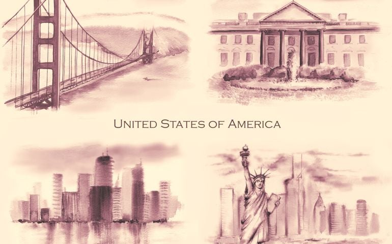 Hand-drawn collection of the watercolor American landscapes. Golden Gate Bridge, White House, Statue of the Liberty and Chicago city landscape. USA drawings in retro style