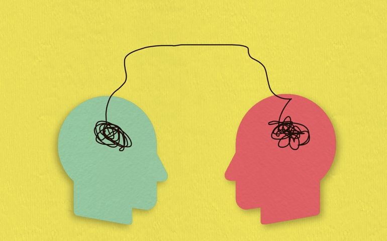 Psychologist, psychotherapist, psychotherapy symbol. Two abstract human profile. Vector