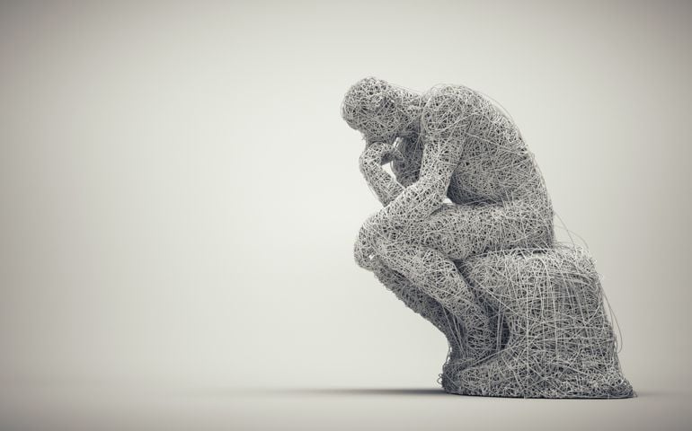 Thoughtful man sitting down. Confusion and overthinking concept. This is a 3d render illustration