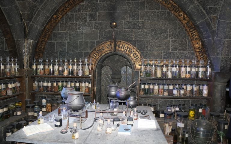 LEAVESDEN, UK - SEPT 2018: The potions class props at the Making of Harry Potter Studio tour at the Warner Bros. Studios in London, UK