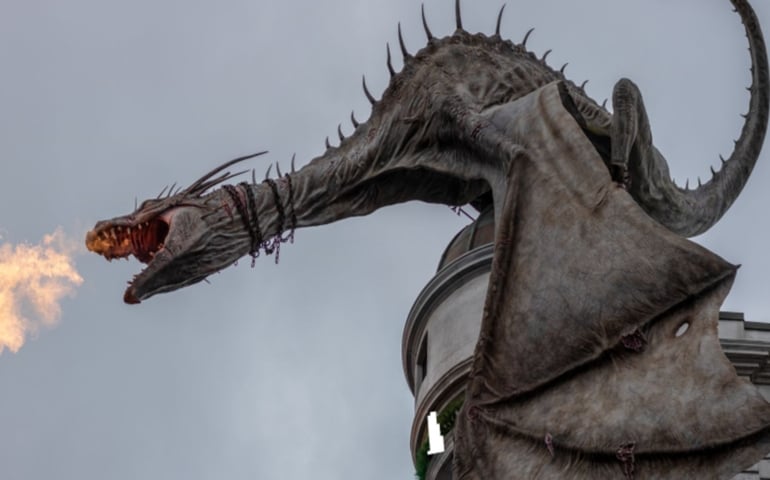 Orlando, Fl/ Dec 13, 2018: Universal studios harry potter land diagon ally dragon breathing fire chains panorama bellatrix