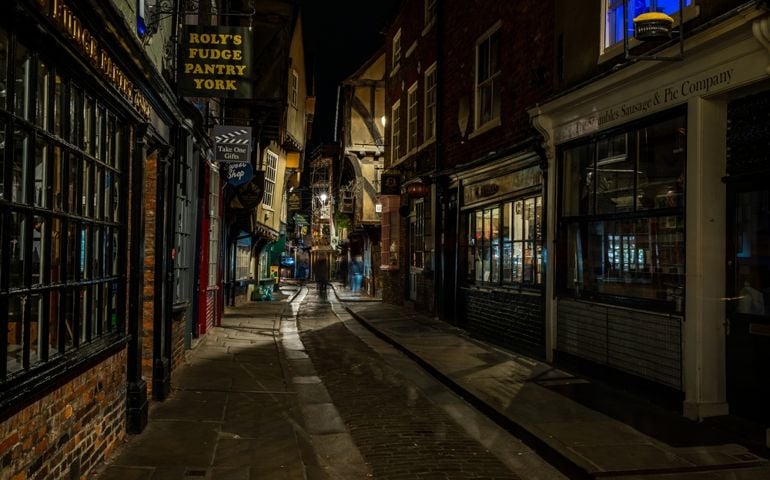 Night view of the Shambles, a famous tourist attraction lined with historic buildings in the Medieval city of York