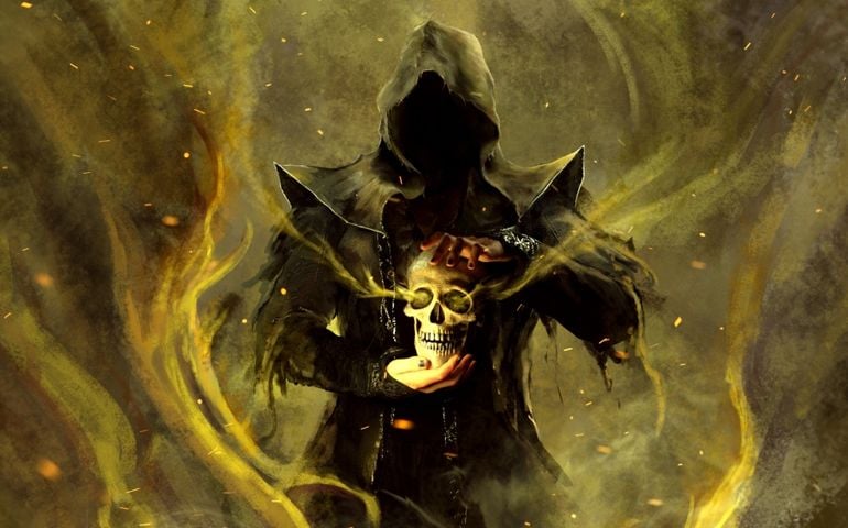 An evil dark magician in a hood holds a ritual skull in his hands