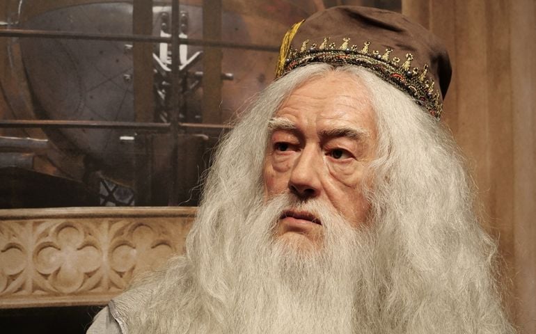 BUKOVEL, UKRAINE, OCTOBER 5, 2022: Wax figure of Professor Albus Percival Wulfric Brian Dumbledore - fictional character in J. K. Rowling Harry Potter series