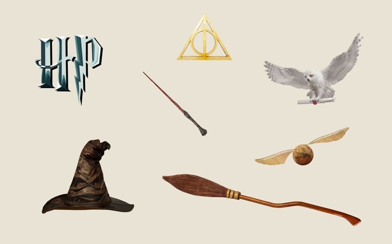 illustrations of renowned magical artifacts from the Harry Potter series, each isolated against a solid color background. The desired style is a sophisticated EPS Vector cartoon illustration.