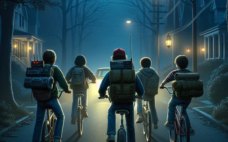 Five kids ride bicycles down a dimly lit suburban street at night, each wearing a backpack with gear, including a walkie-talkie and boombox. A car with headlights glowing approaches from ahead, casting long shadows. The scene evokes 1980s nostalgia and references Stranger Things.