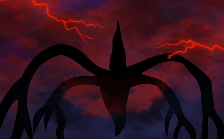 A dark, clawed silhouette of the Shadow Monster looms against a stormy red and purple sky streaked with lightning. The ominous figure references the Upside Down creature from Stranger Things.