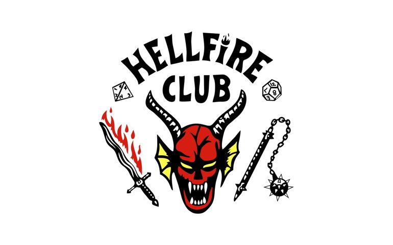 A stylized logo for the Hellfire Club features a red devil face with yellow eyes, sharp teeth, and curved horns, flanked by a flaming sword, a flail, and two dice. The bold black text above reads “HELLFIRE CLUB.” This design references the Dungeons & Dragons group from Stranger Things.