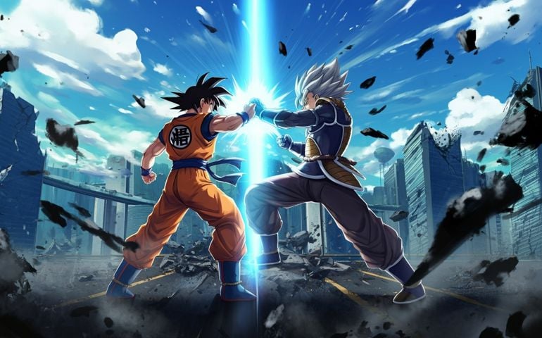illustration of a fight on the theme of dragon ball z with as background a modern city