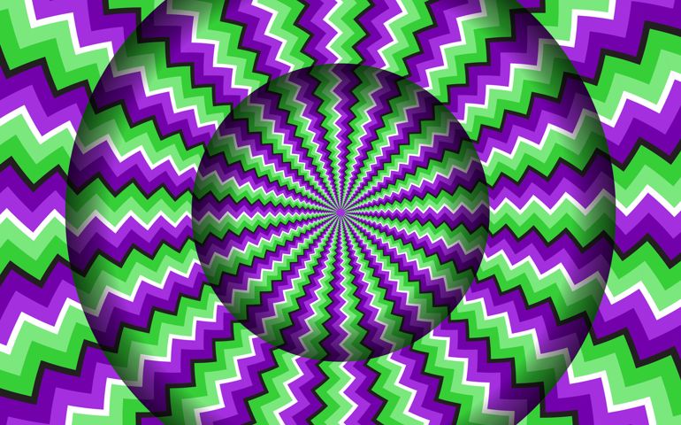 Abstract round frame with a rotating green purple zigzag pattern. Optical illusion hypnotic background.