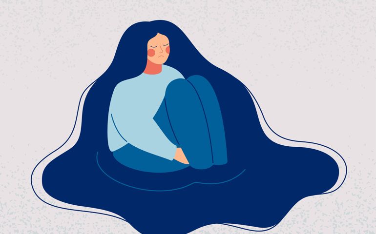 Depressed woman wallows in her sad thoughts. Upset woman sits in a puddle full of tears, her hands clasped around her ankles, immersed herself in sorrow recollections. Vector illustration