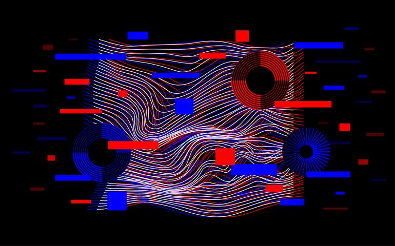 Abstract glitch background with halftone geometric shapes and textures. Trendy vector graphic elements for your unique design.