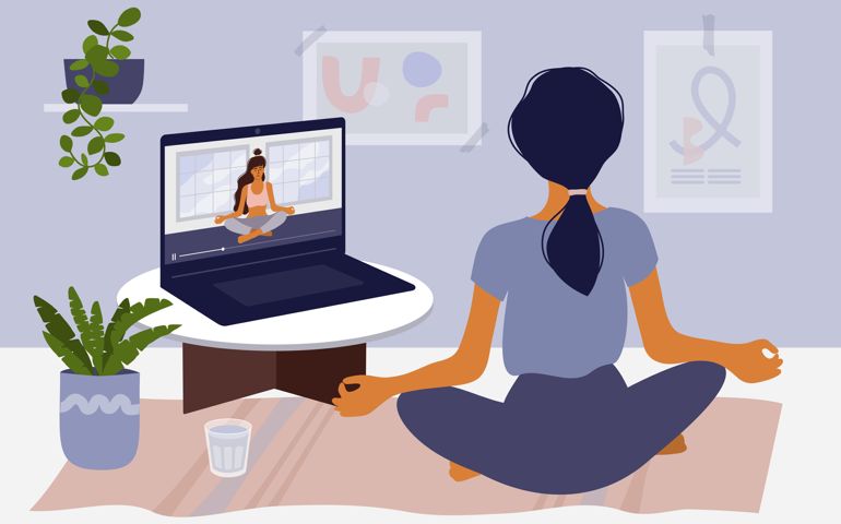 Girl watching online classes on laptop, practicing yoga, meditation. Live stream, internet education. Woman doing exercise in cozy modern interior. Home activity vector illustration