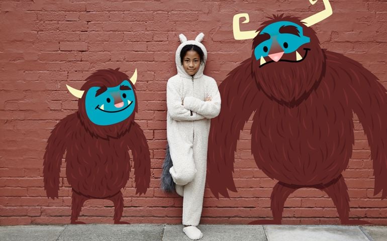 Girl wearing fancy dress. Two cartoons monsters