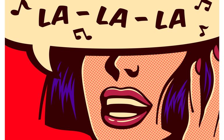 Pop art style comic book panel with woman singing carefree naive childish melody in speech bubble vector poster artwork design illustration