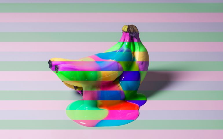 Banana on color blocked background