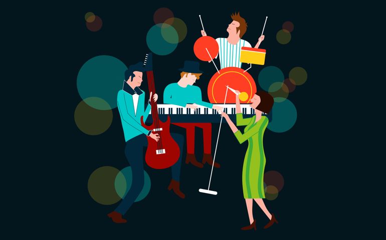 Series of music concert composition with men and women singing and playing electric guitar, piano and drum - Colorful vector illustration isolated on blue background