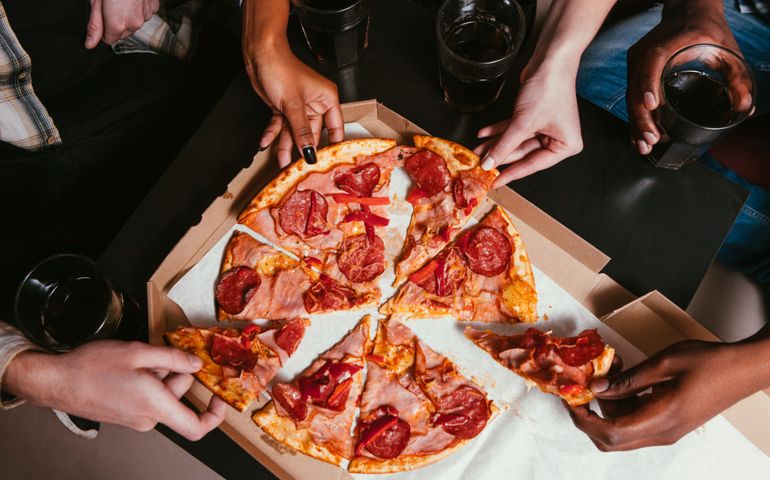 Friends Company Salami Pizza Eat Home Leisure Fun People Unrecognizable Interracial Salami Unhealthy Food Concept