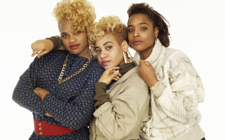 American hip-hop trio Salt-n-Pepa, circa 1987. They are Cheryl 'Salt' James, Sandra 'Pepa' Denton and DJ Spinderella.