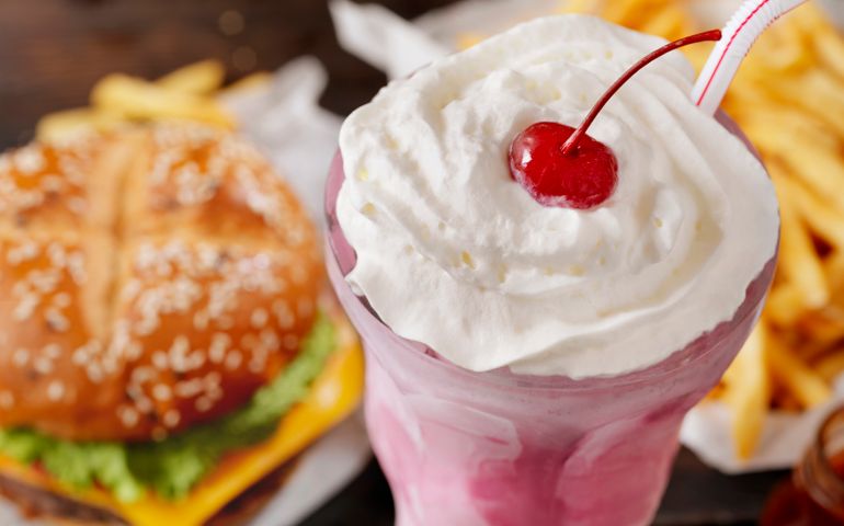Strawberry Milkshake with a Burger and Fries