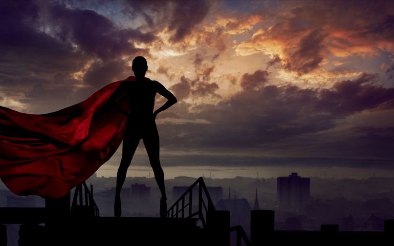 Abstract silhouette portrait of young hero woman with super person red cape guard city