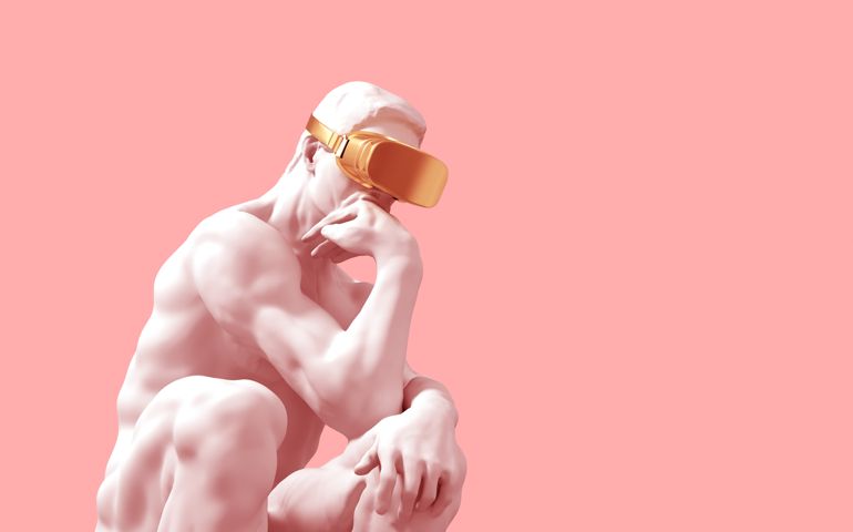 Sculpture Thinker With Golden VR Glasses Over Pink Background. 3D Illustration.