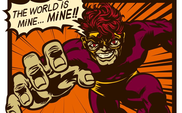 Vintage comic book super villain with speech bubble scheming evil plan to conquer and rule the world retro pop art comics vector illustration