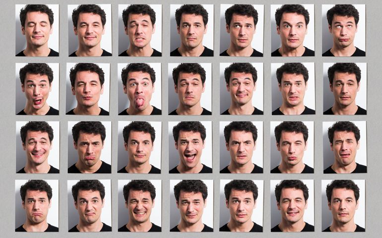 Multiple portraits of mans face, many expressions