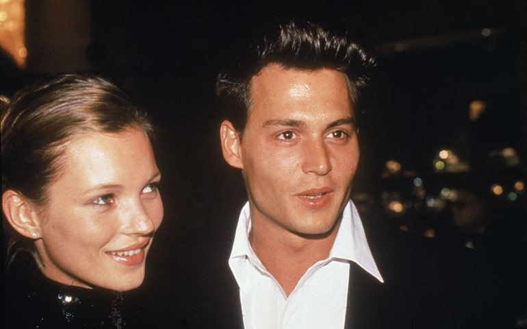 American actor Johnny Depp with his girlfriend, British model Kate Moss, at the 52nd Annual Golden Globe Awards, held at the Beverly Hilton Hotel, Beverly Hills, California, January 21, 1995. Depp was nominated for Best Performance by an Actor in a Motion Picture - Comedy or Musical.