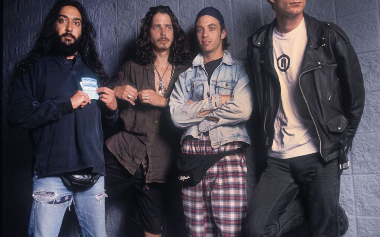 Group portrait of members of the Rock band Soundgarden as they pose at the World Music Theater, Tinley Park, Illinois, August 2, 1992. Pictured are, from left, Kim Thayil, Chris Cornell, Ben Shepherd, and Matt Cameron.