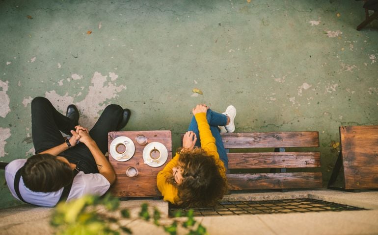 High angle view photography of Two Young people at the Cafe, Drinking Espresso