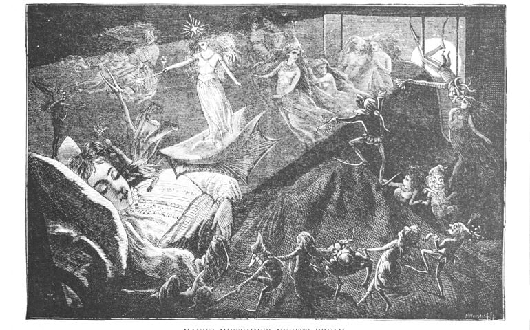 Victorian Black and White Illustration, circa 1884. YOUNG GIRL IN VINTAGE NIGHTDRESS ASLEEP, WITH HER DREAMS PORTRAYED AS FAIRIES, MYTHICAL BEINGS ALL DANCING AROUND HER BED. title: MAUD'S MIDSUMMER DREAM