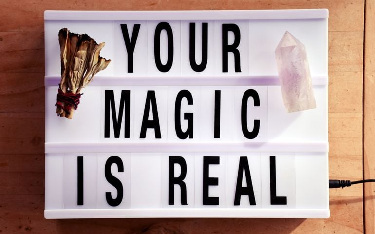 Word 'Your Magic Is Real' in a Light Box Trend for a Modern Positive White Witch/ Wicca Theme.