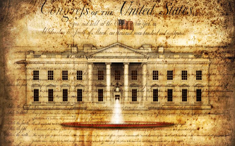 North view of the White House, with waving flag and fountain, isolated agianst and partially transparent over the Bill of Rights from the United States Constitution. 3D Illustration