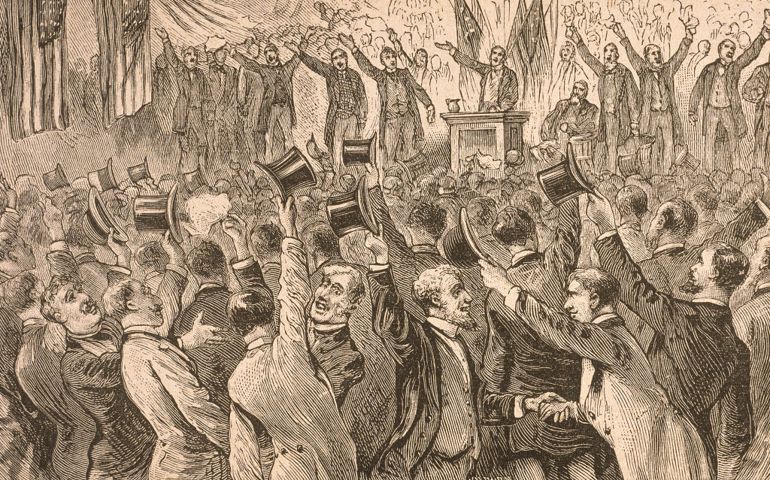 Illustration of delegates celebrating the nomination of James G. Blaine as presidential candidate during the Republican National Convention, Chicago, Illinois, June 1884.