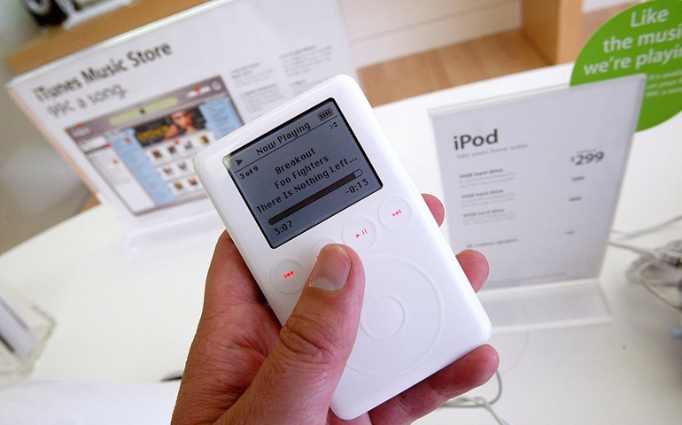 EMERYVILLE, CA - MAY 8: (FILE PHOTO) A new iPod is seen on display at Apple's new iTunes Music Store May 8, 2003 inside the Apple Store in Emeryville, California. Since the launch of Apple's online music store, customers have downloaded over one million songs for 99 cents per song. News reports said May 29, 2003 that a month after the launch of the iTunes Music Store, Apple had to update its desktop software to stop sharing of songs as programmers figured out how to stream the songs on local networks over the Internet.