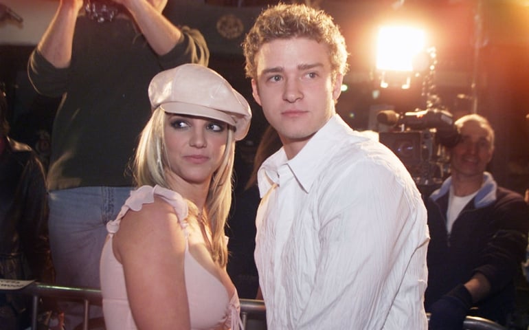Britney Spears and boyfriend Justin Timberlake arrive at the premiere of her movie "Crossroads" at the Mann Chinese Theatre in Hollywood, Ca., Feb. 11, 2002.