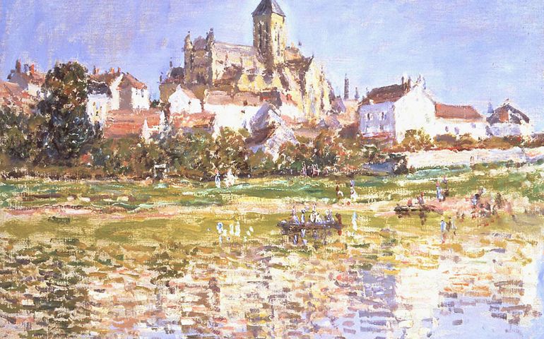 UNSPECIFIED: This handout photo from The National Gallery of Scotland shows a painting entitled 'Church at Vetheuil, 1880' by the artist Monet. The Edinburgh gallery is staging an exhibition examines Monet's work in the period from 1878-1883, a phase of critical importance in his work. Monet: the Seine and the Sea is the inaugural exhibition in the newly refurbished Royal Scottish Academy Building, which is now owned and administered by the National Galleries of Scotland. Some 90 paintings borrowed from major collections all over the world will be shown to coincide with the Edinburgh International Festival.