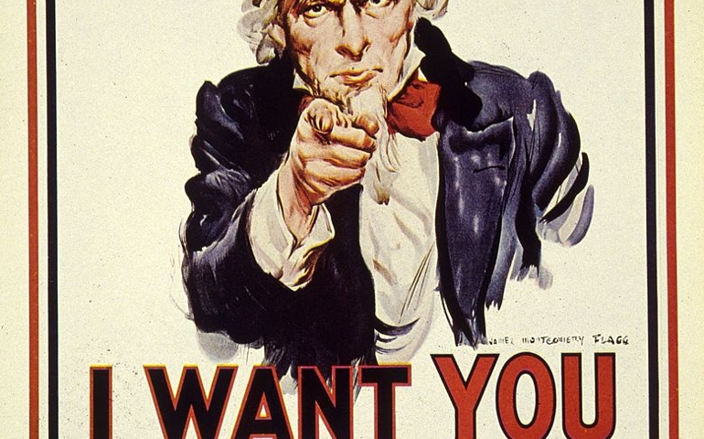 'Uncle Sam' points an accusing finger of moral responsibility in a recruitment poster for the American forces during World War I.