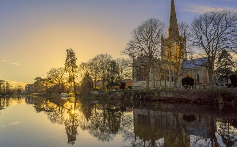 shakespeares burial place holy trinity church stratford-upon-avon warwickshire the midlands england uk. reflections in the river avon.