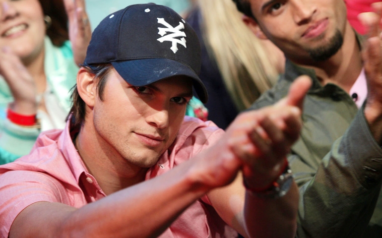 NEW YORK - APRIL 19: (U.S. TABS OUT) Actor Ashton Kutcher appears onstage during MTV's Total Request Live at the MTV Times Square Studios April 19, 2005 in New York City.