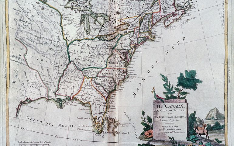 Canada, the British colonies with the Louisiana and Florida, in a map done two years after the Independence declaration (1776) and before the official recognition in 1783. Antique map made in Italy by Antonio Zatta; hand-coloured print, Italy, Venice 1778.