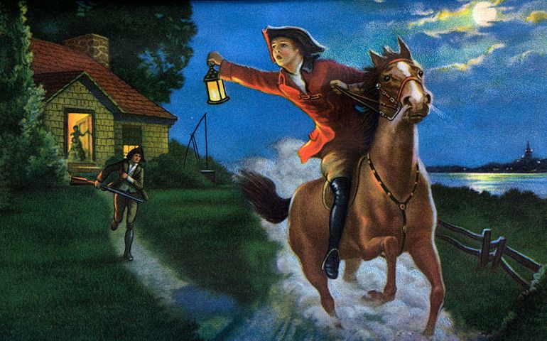 Illustration of the Midnight Ride of Paul Revere in 1775, 1938. Screen print.