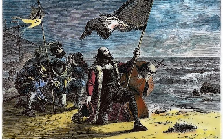 Cristoforo Colombo lands in the New World on the island of Hispaniola (side of Haiti). Here he is represented symbolically, as if the Church and the Conquistadores, are arrived to settling here, following his conquest. Popular print hand-colored, approx 1890.