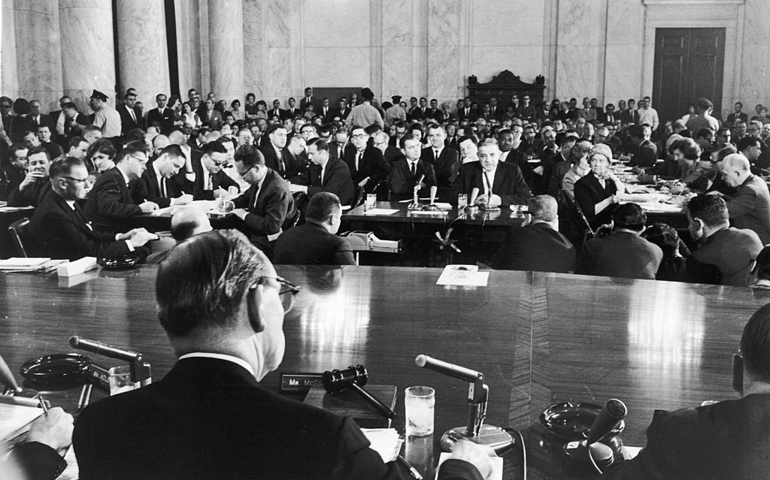 American mobster turned informant Joseph Valachi (1903 - 1971) testifies before the Senate Rackets Committee, Washington DC, 27th September 1963.